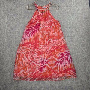 Calvin Klein Womens Halter Neck Dress Coral Pink Orange Abstract Chain Detail